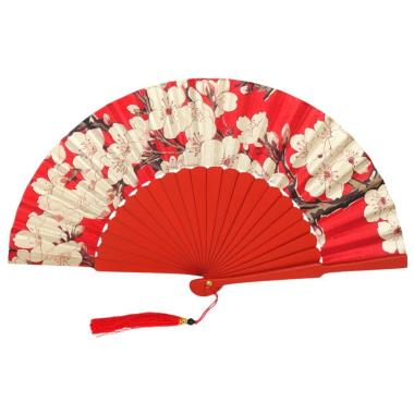 Ventaglio rosso stampa fiore di ciliegio e nappina decorativa d.34 cm