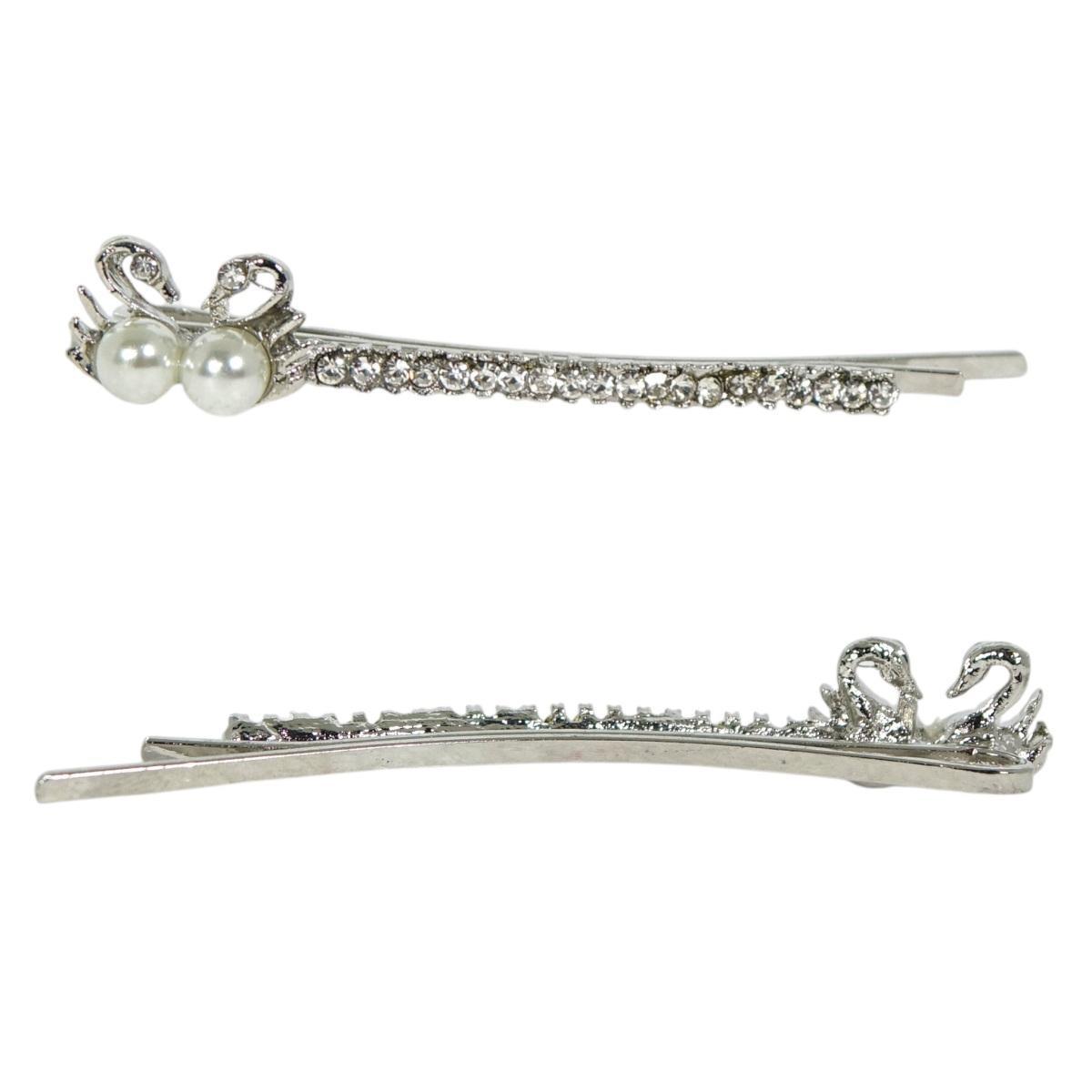 Forcina per capelli in metallo filo strass con cigni e perle