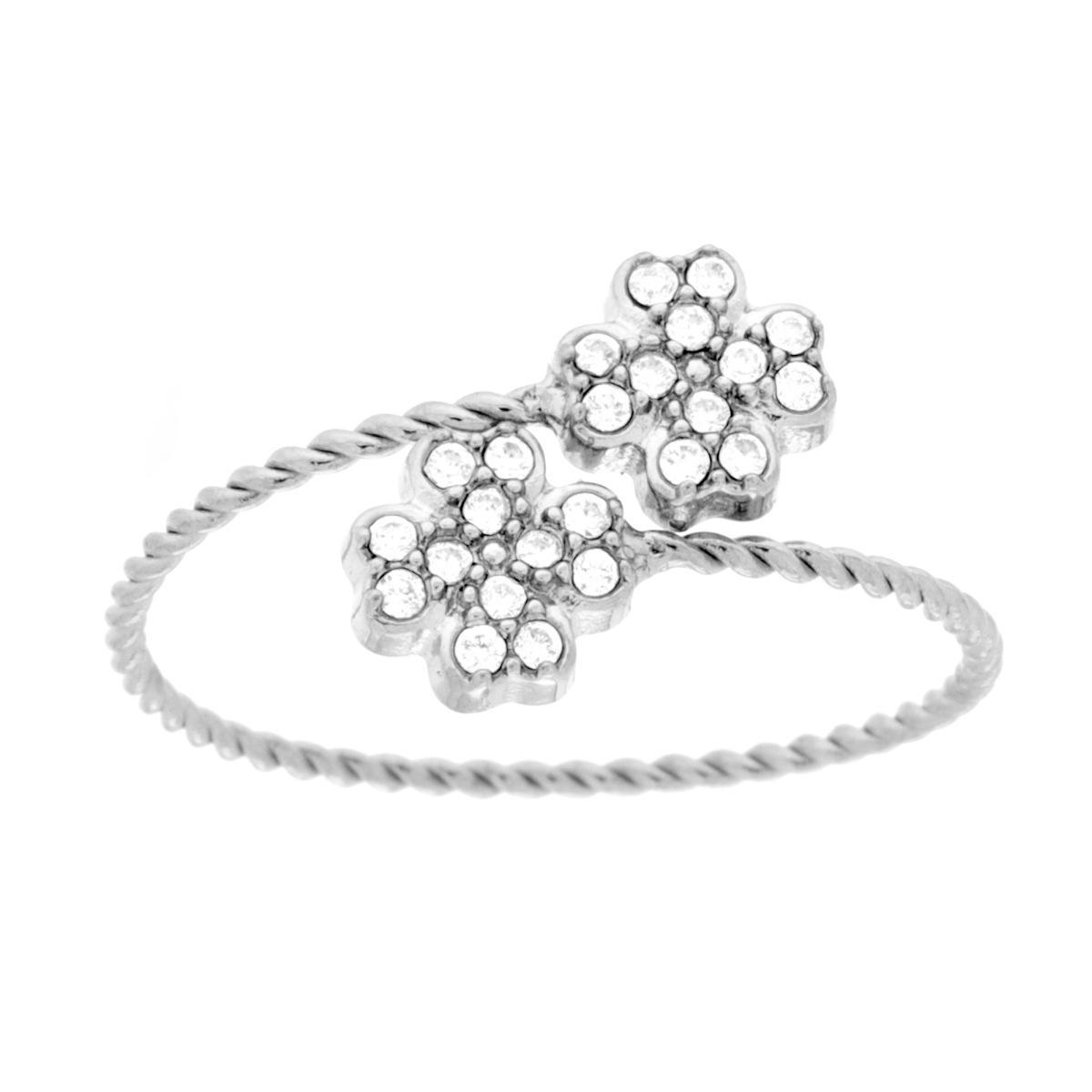 Anello Contrarie Quadrifogli con Crystal Bianchi in ACCIAIO<BR>