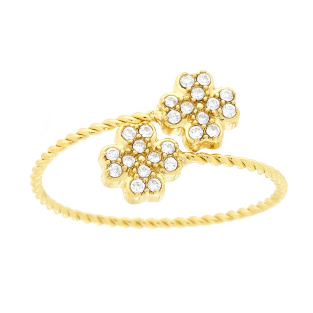 Anello Contrarie Quadrifogli con Crystal Bianchi in ACCIAIO colore Oro<BR>