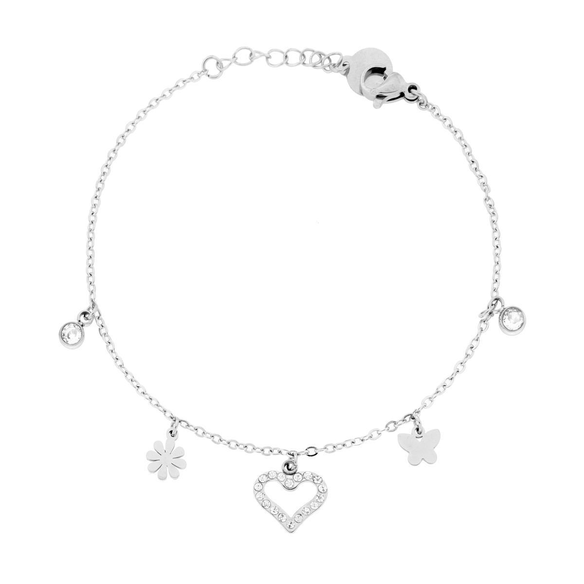Bracciale Catena Forzatina Diamantata con Farfalla e Fiore e Cuore con Crystal Bianchi in ACCIAIO <BR>