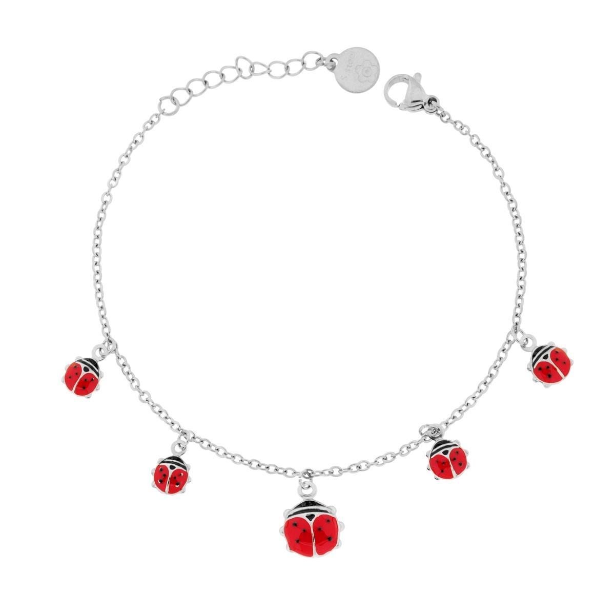 Bracciale Catena Forzatina Diamantata con Coccinelle Smalto Rosso e Nero pendenti in ACCIAIO <BR>