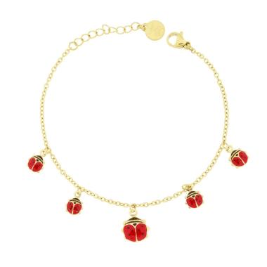 Bracciale Catena Forzatina Diamantata con Coccinelle Smalto Rosso e Nero pendenti in ACCIAIO colore Oro