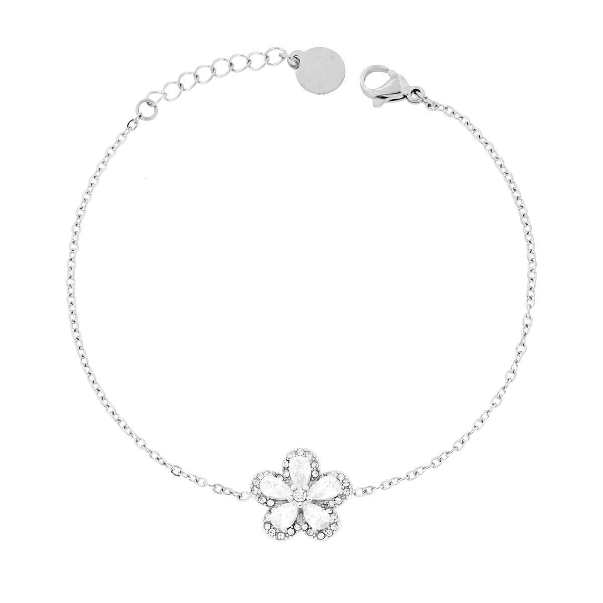 Bracciale Catena Forzatina Diamantata con Fiore centrale e Crystal Bianchi in ACCIAIO<BR>