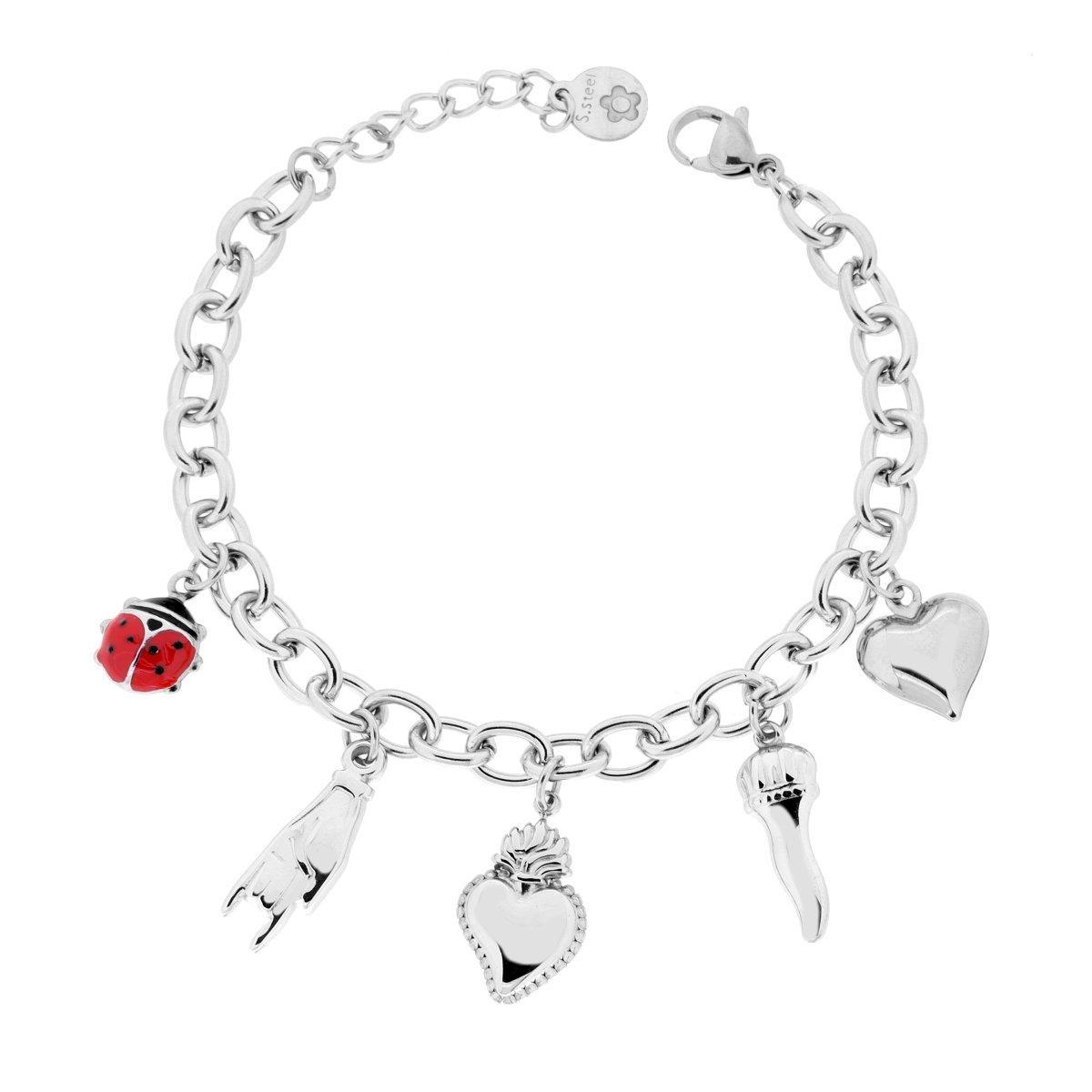 Bracciale Catena Forzatina con Charms Portafortuna pendenti Cuore Votivo e Mano Corna Corno Cuore Coccinella con Smalto Rosso in ACCIAIO <BR>