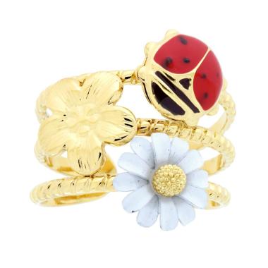 Anello Fascia filo Torchon con Coccinella Smalto Rosso Fiore Smalto Bianco in ACCIAIO colore Oro<BR>