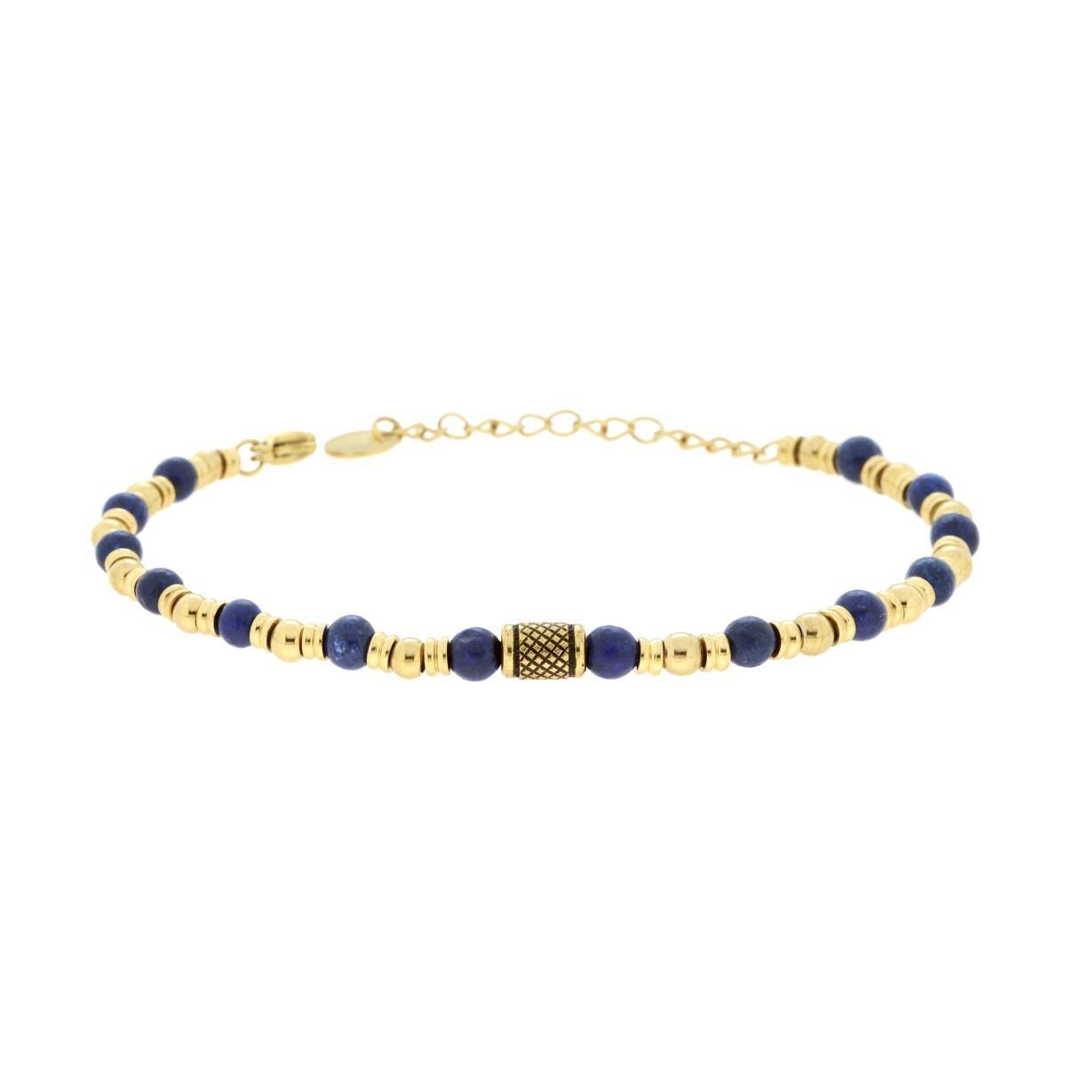 Bracciale Catena con Pietre Naturali Blu Lapislazzuli Palline e Accessori in ACCIAIO colore Oro<BR>
