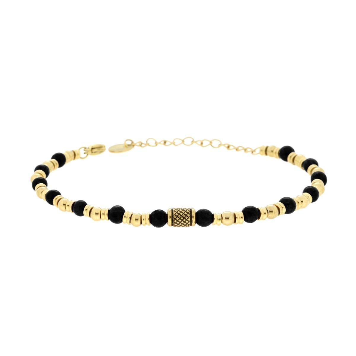 Bracciale Catena con Pietre Naturali Nere Palline e Accessori in ACCIAIO colore Oro<BR>