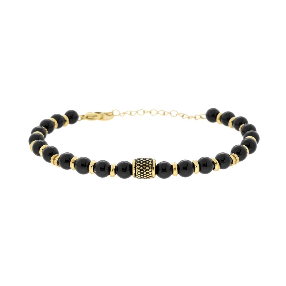 Bracciale Catena con Pietre Naturali Nere Palline e Accessori in ACCIAIO colore Oro<BR>