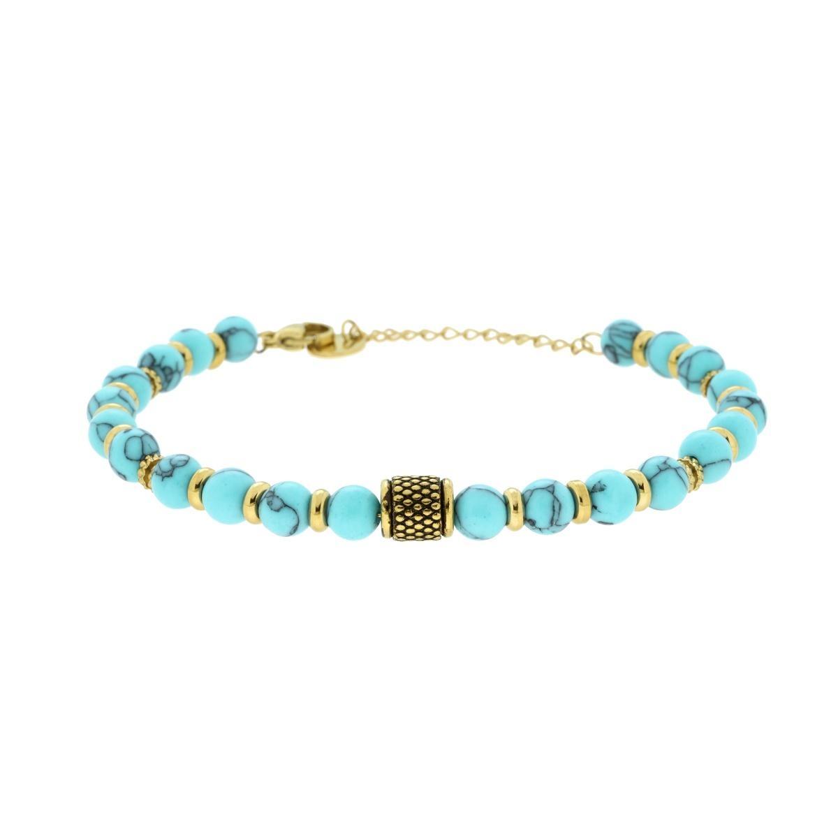 Bracciale Catena con Pietre Naturali Turchese Palline e Accessori in ACCIAIO colore Oro<BR>