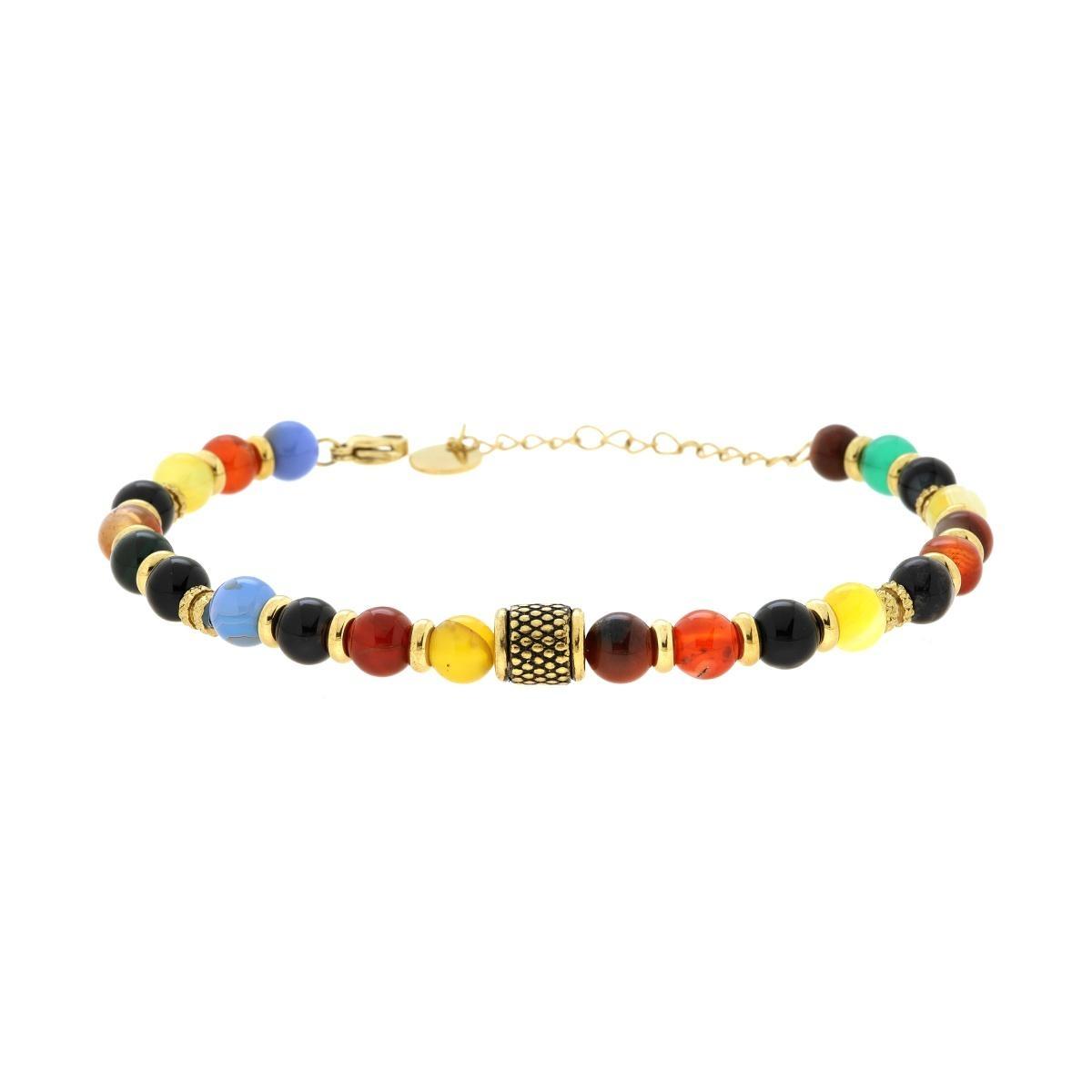Bracciale Catena con Pietre Naturali Multicolor Palline e Accessori in ACCIAIO colore Oro<BR>