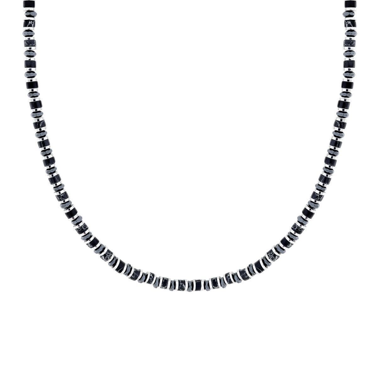 Collana Catena con Anelli e Cilindretti Pietre Nero Onice in ACCIAIO<BR>