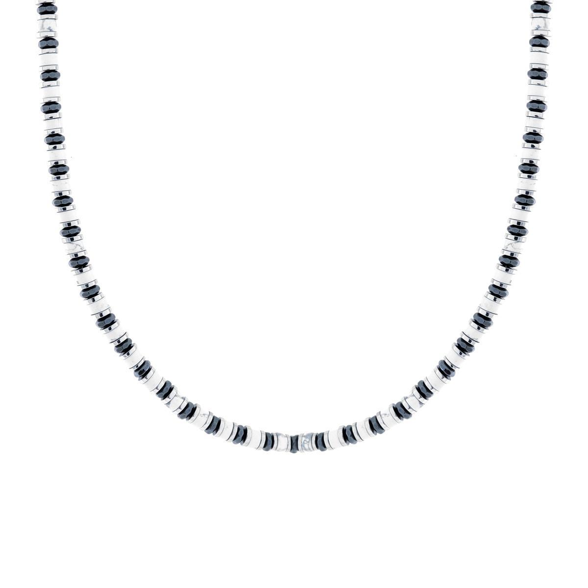 Collana Catena con Anelli e Cilindretti Pietre Bianco Howlite in ACCIAIO<BR>