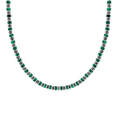 Collana Catena con Anelli e Cilindretti Pietre Verde Malachite in ACCIAIO