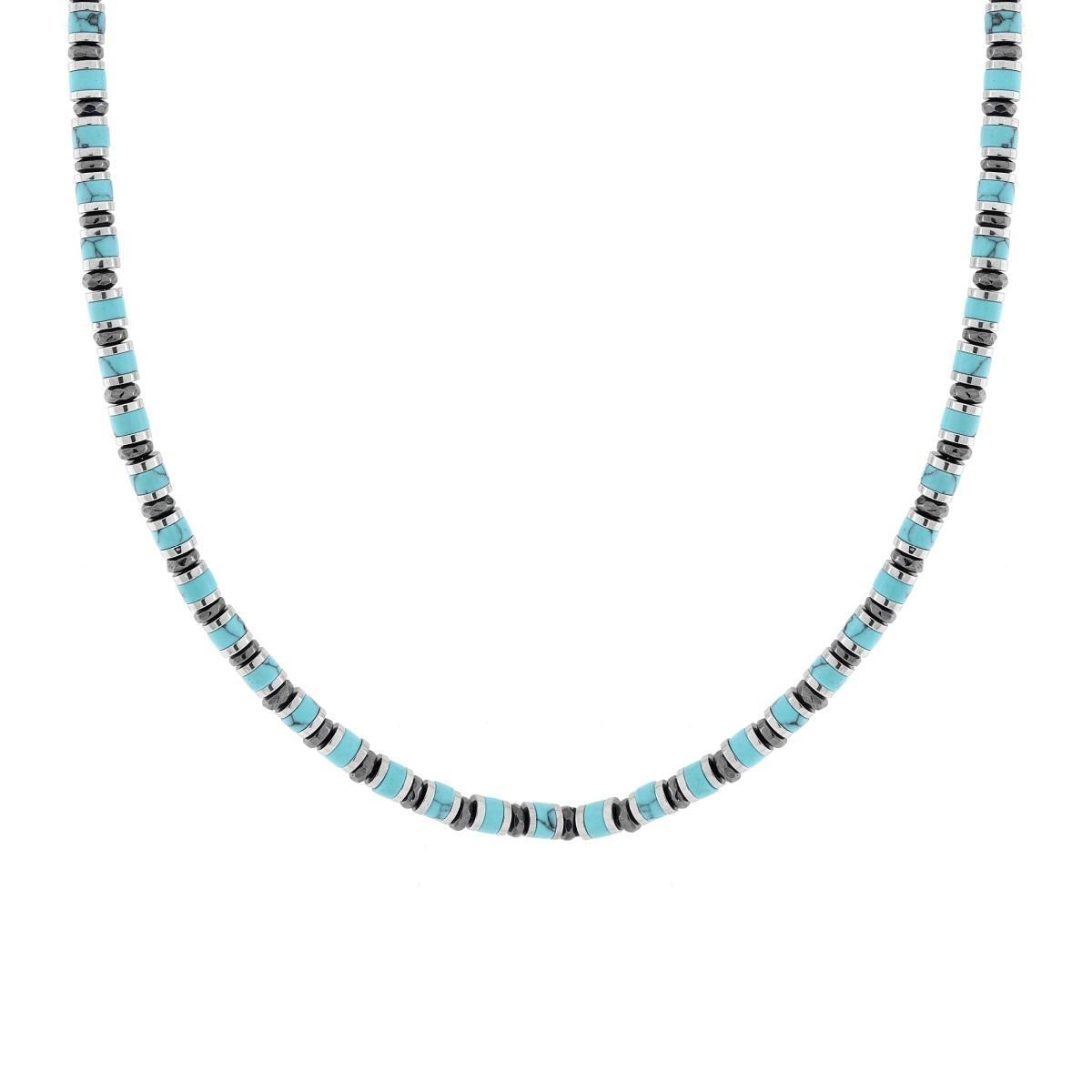 Collana Catena con Anelli e Cilindretti Pietre Turchese in ACCIAIO<BR>