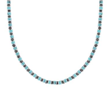 Collana Catena con Anelli e Cilindretti Pietre Turchese in ACCIAIO