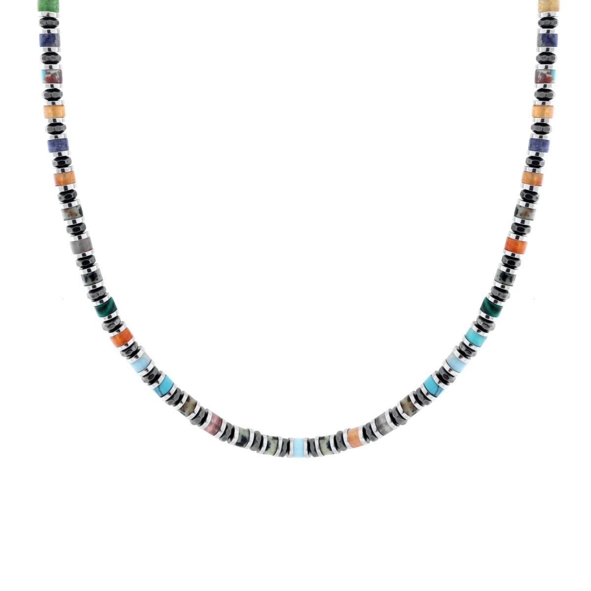 Collana Catena con Anelli e Cilindretti Pietre Multicolor in ACCIAIO<BR>