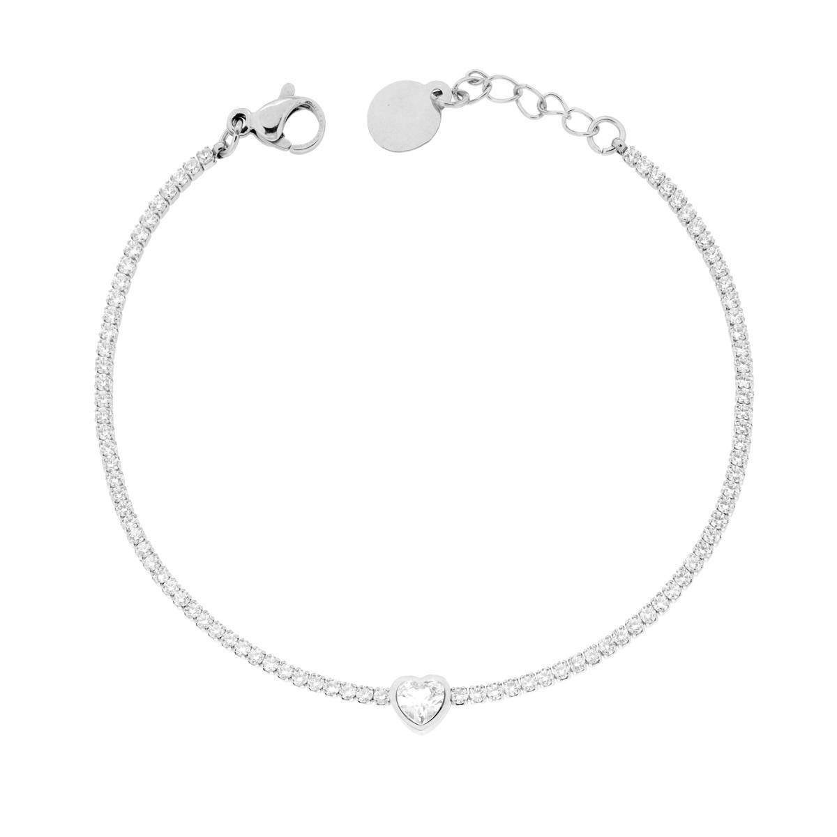 Bracciale Tennis con Cuore e Crystal Bianchi cm 17+3 in ACCIAIO<BR>