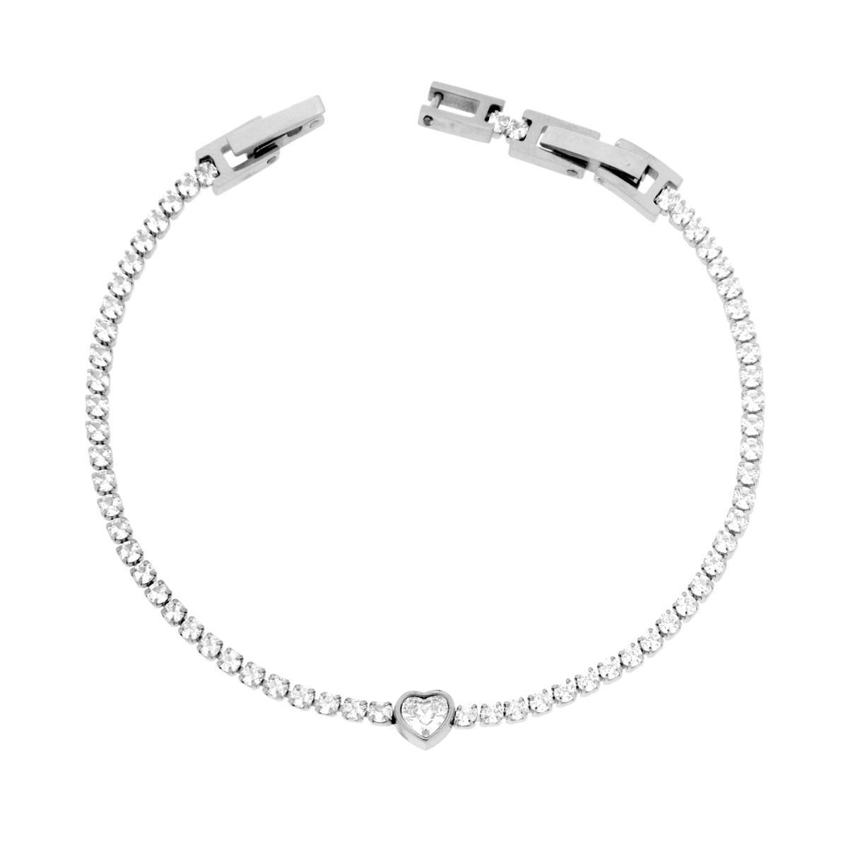 Bracciale Tennis con Cuore e Crystal Bianchi cm 16+2 regolabile in ACCIAIO <BR>