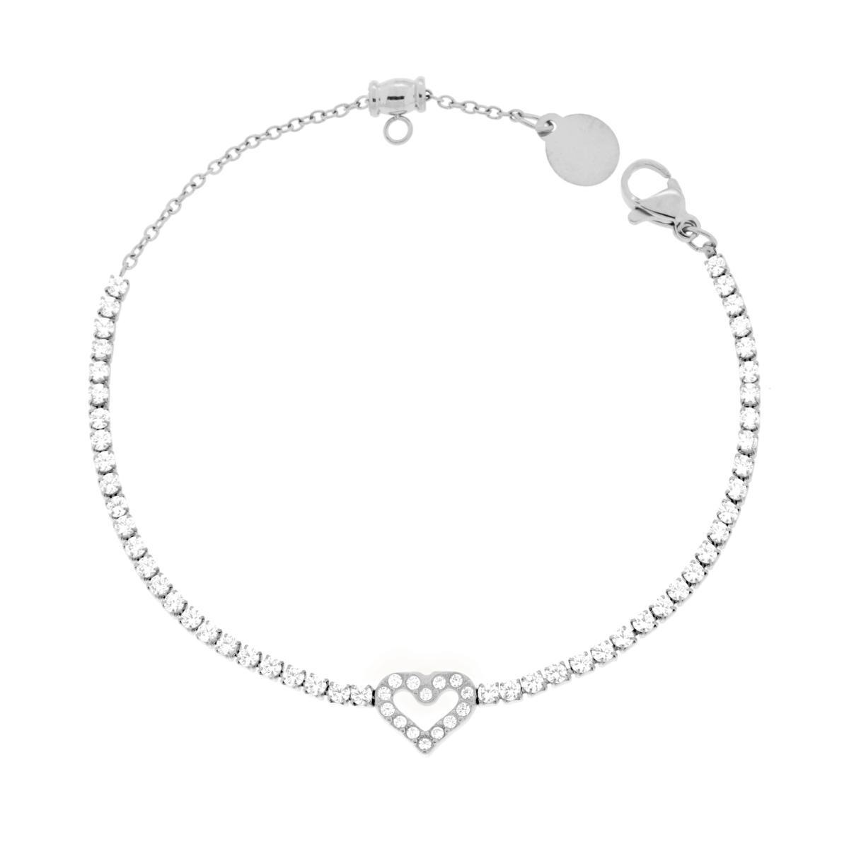 Bracciale Tennis con Cuore centrale e Crystal Bianchi cm 17+2 in ACCIAIO <BR>