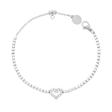 Bracciale Tennis con Cuore centrale e Crystal Bianchi cm 17+2 in ACCIAIO 