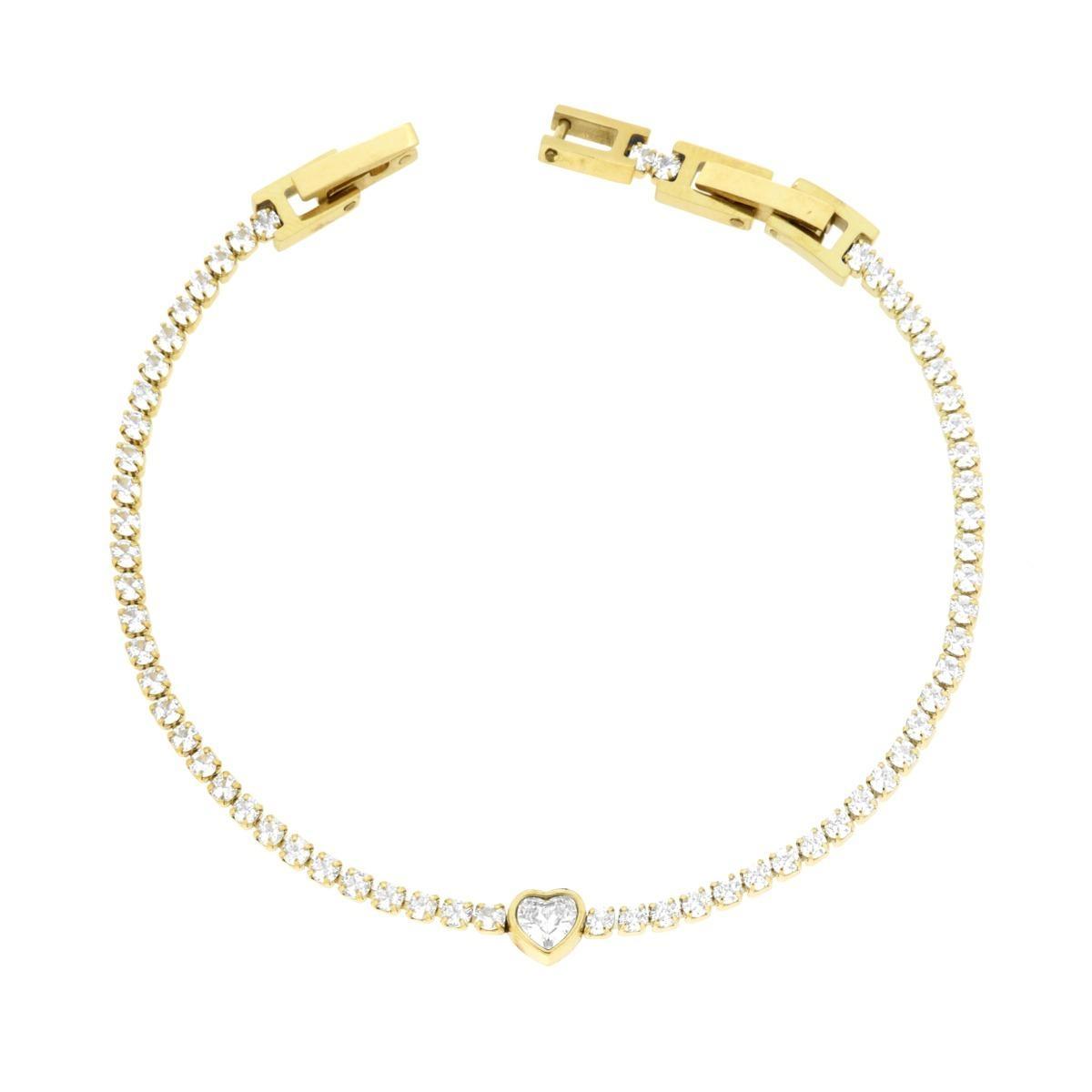 Bracciale Tennis con Cuore e Crystal Bianchi cm 16+2 regolabile in ACCIAIO colore Oro<BR>