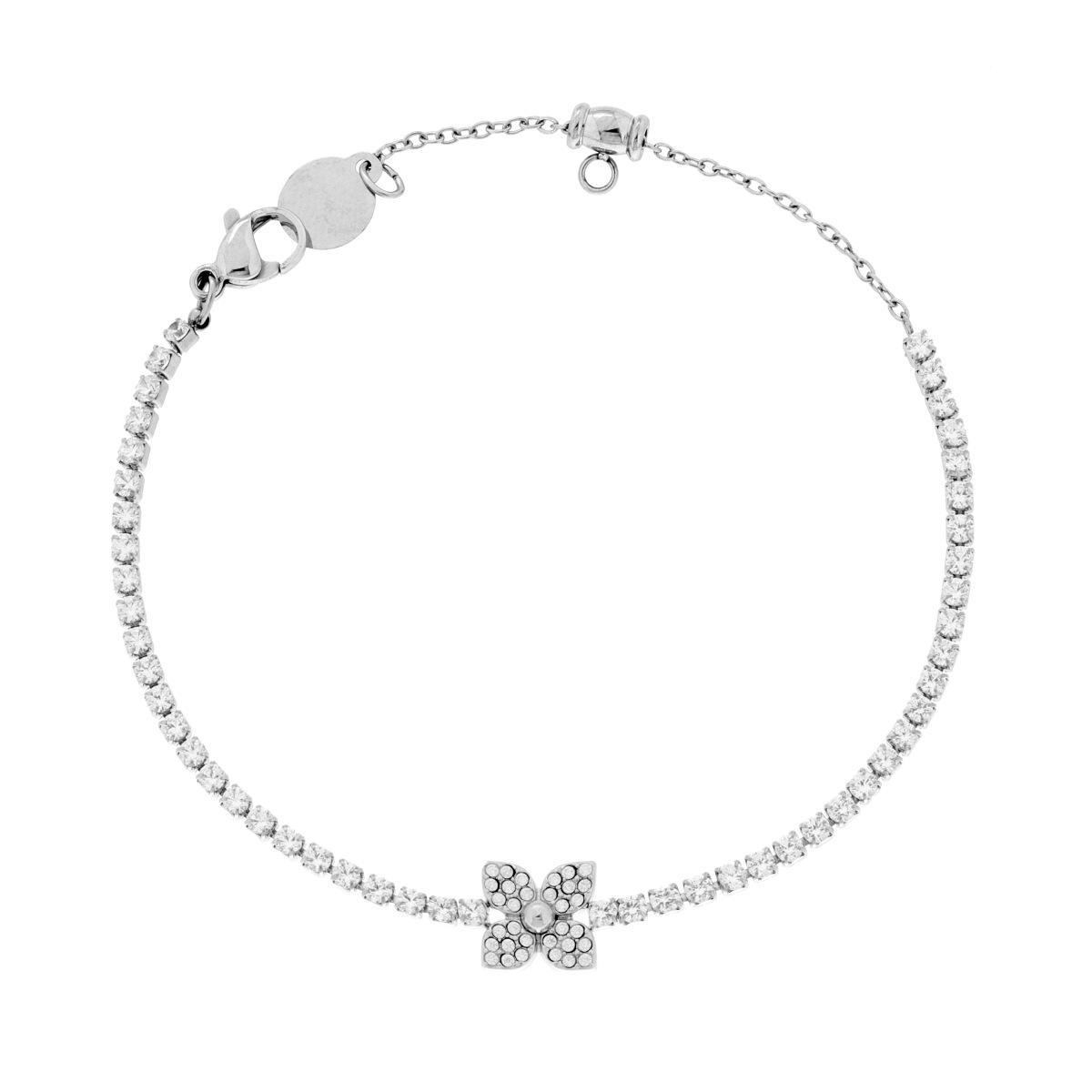 Bracciale Tennis con Fiore centrale e Crystal Bianchi in ACCIAIO<BR>