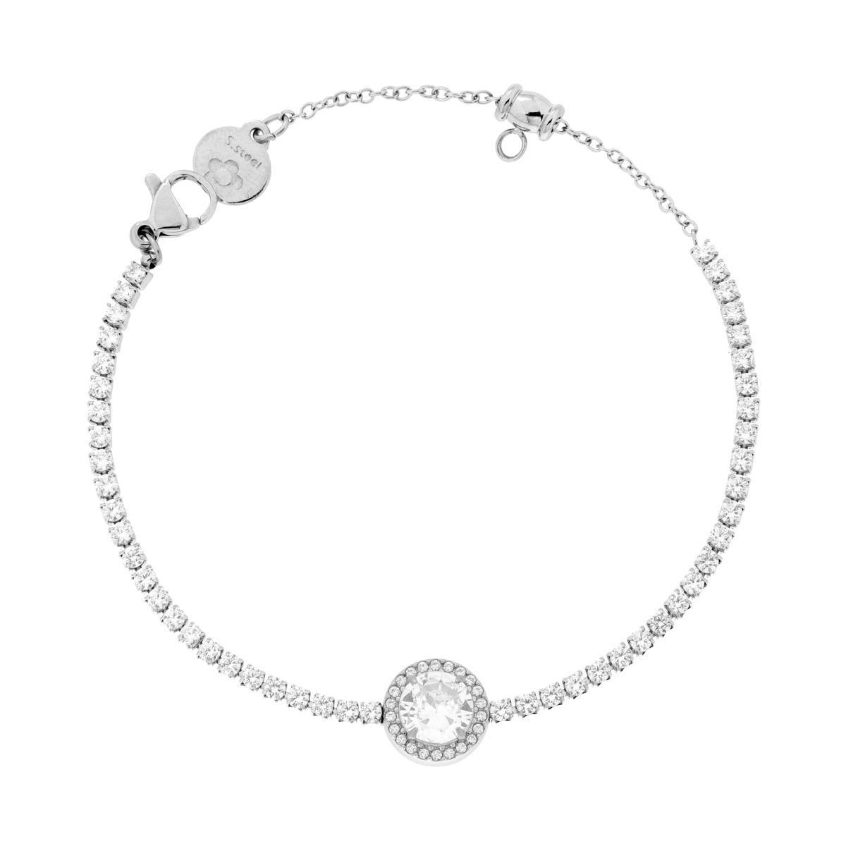 Bracciale Tennis con Tondo centrale mm 10.3 e Crystal Bianchi in ACCIAIO<BR>