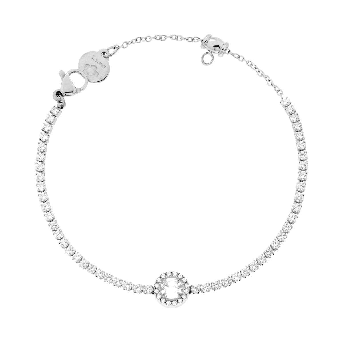 Bracciale Tennis con Tondo centrale mm 8.3 e Crystal Bianchi in ACCIAIO<BR>