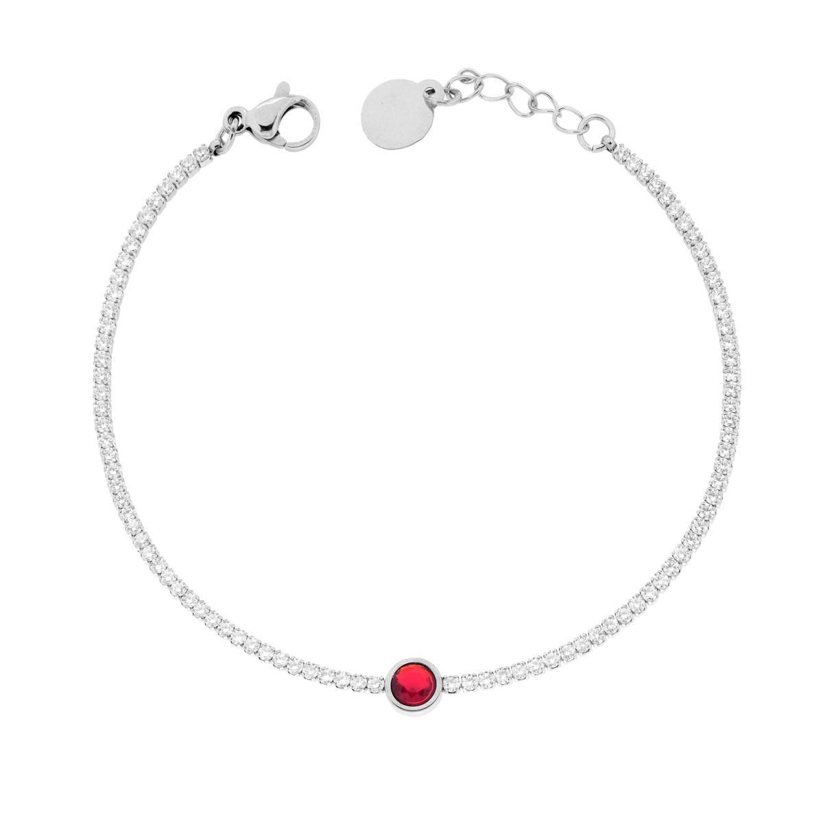 Bracciale Tennis con Tondo centrale Rosso Rubino e Crystal Bianchi cm 17+2 in ACCIAIO<BR>