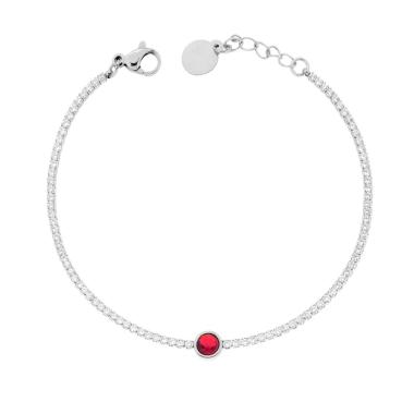 Bracciale Tennis con Tondo centrale Rosso Rubino e Crystal Bianchi cm 17+2 in ACCIAIO<BR>