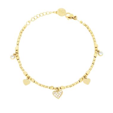 Bracciale Catena con Cubetti Cuori pendenti e Crystal Bianchi in ACCIAIO colore Oro<BR>