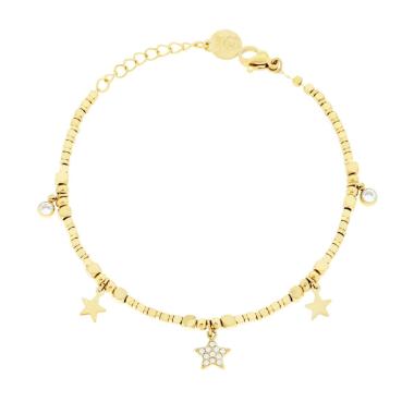 Bracciale Catena con Cubetti e Stelle pendenti e Crystal Bianchi in ACCIAIO colore Oro<BR>