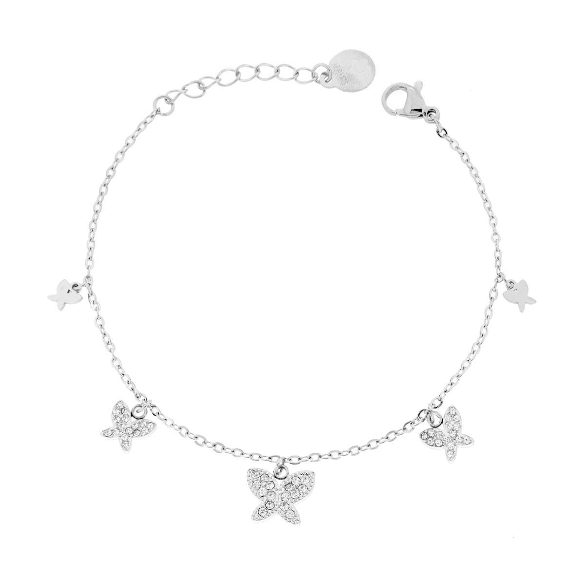 Bracciale Catena Forzatina Diamantata con Farfalle con Crystal Bianchi in ACCIAIO <BR>