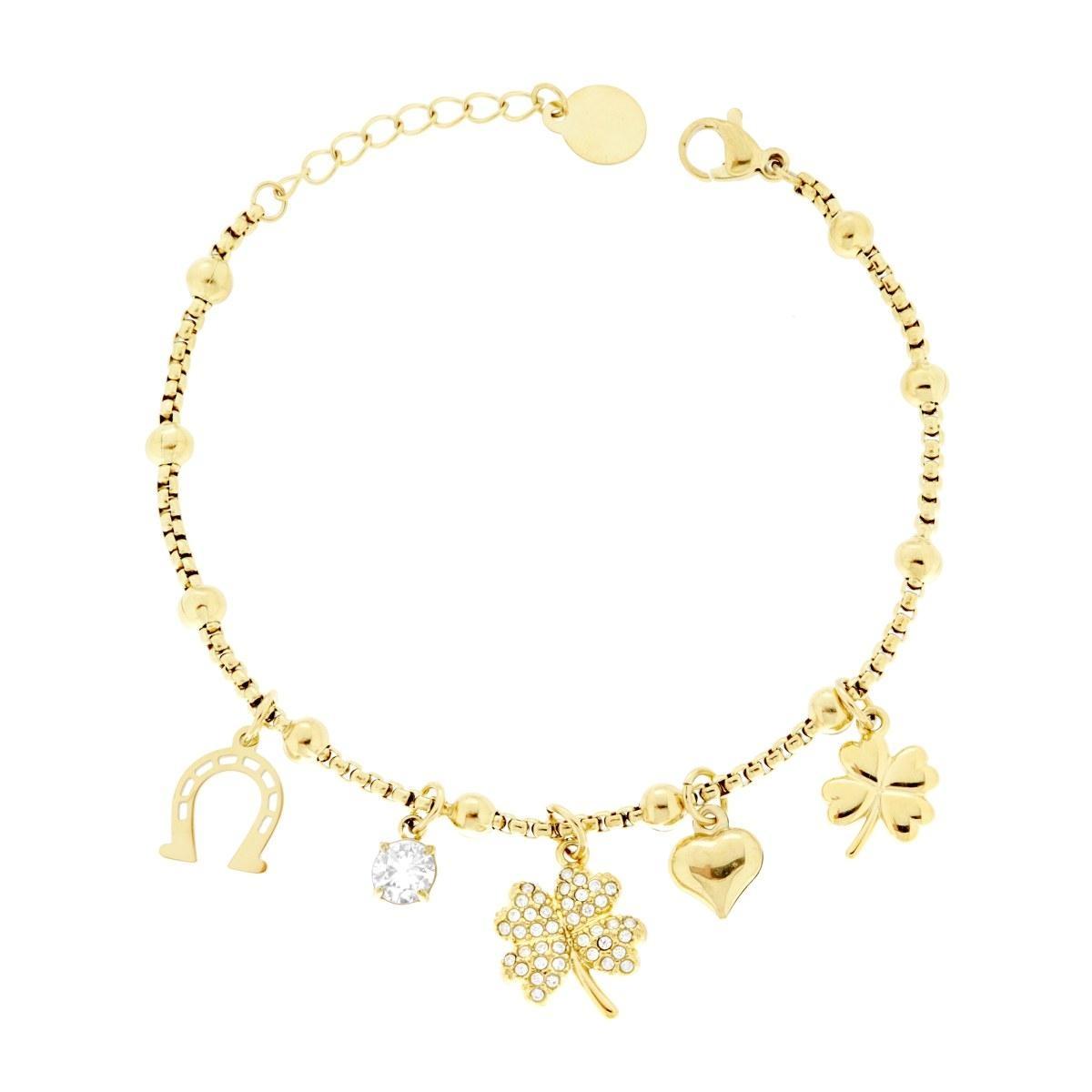 Bracciale Catena Veneziana Tonda con Charms Portafortuna Cuore Quadrifoglio e Ferro di Cavallo in ACCIAIO colore Oro<BR>