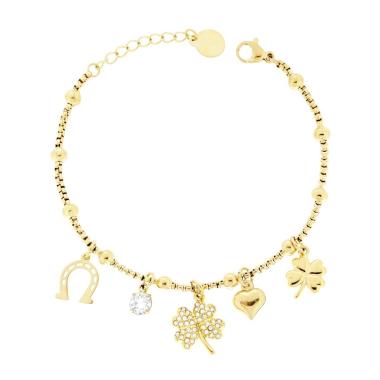 Bracciale Catena Veneziana Tonda con Charms Portafortuna Cuore Quadrifoglio e Ferro di Cavallo in ACCIAIO colore Oro<BR>