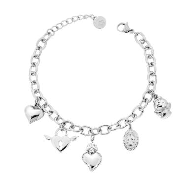Bracciale Catena Forzatina con Charms pendenti Cuore Votivo e Lucchetto Medaglietta Madonna e Angelo in ACCIAIO <BR>