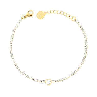 Bracciale Tennis con Cuore centrale e Crystal Bianchi cm 17+3 in ACCIAIO colore Oro