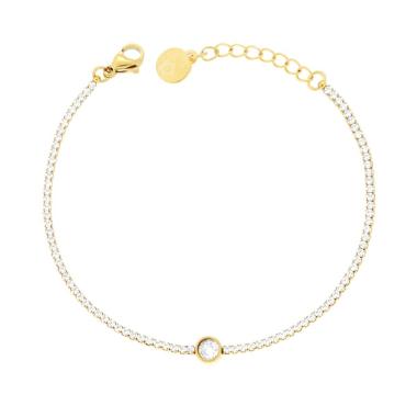 Bracciale Tennis con Tondo centrale e Crystal Bianchi cm 17+2 in ACCIAIO colore Oro<BR>