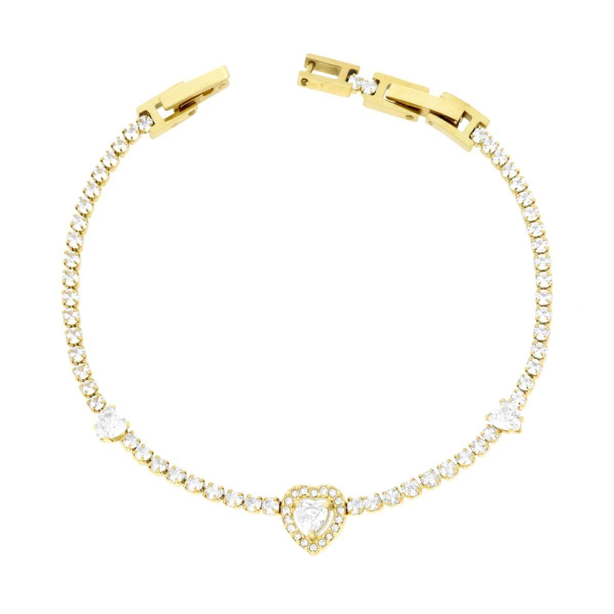 Bracciale Tennis con Cuori e Crystal Bianchi cm 17+2 in ACCIAIO Colore Oro<BR>