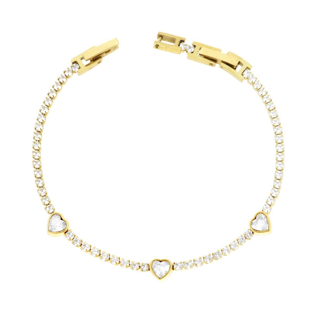 Bracciale Tennis con Cuori e Crystal Bianchi cm 17+2 in ACCIAIO colore Oro<BR>