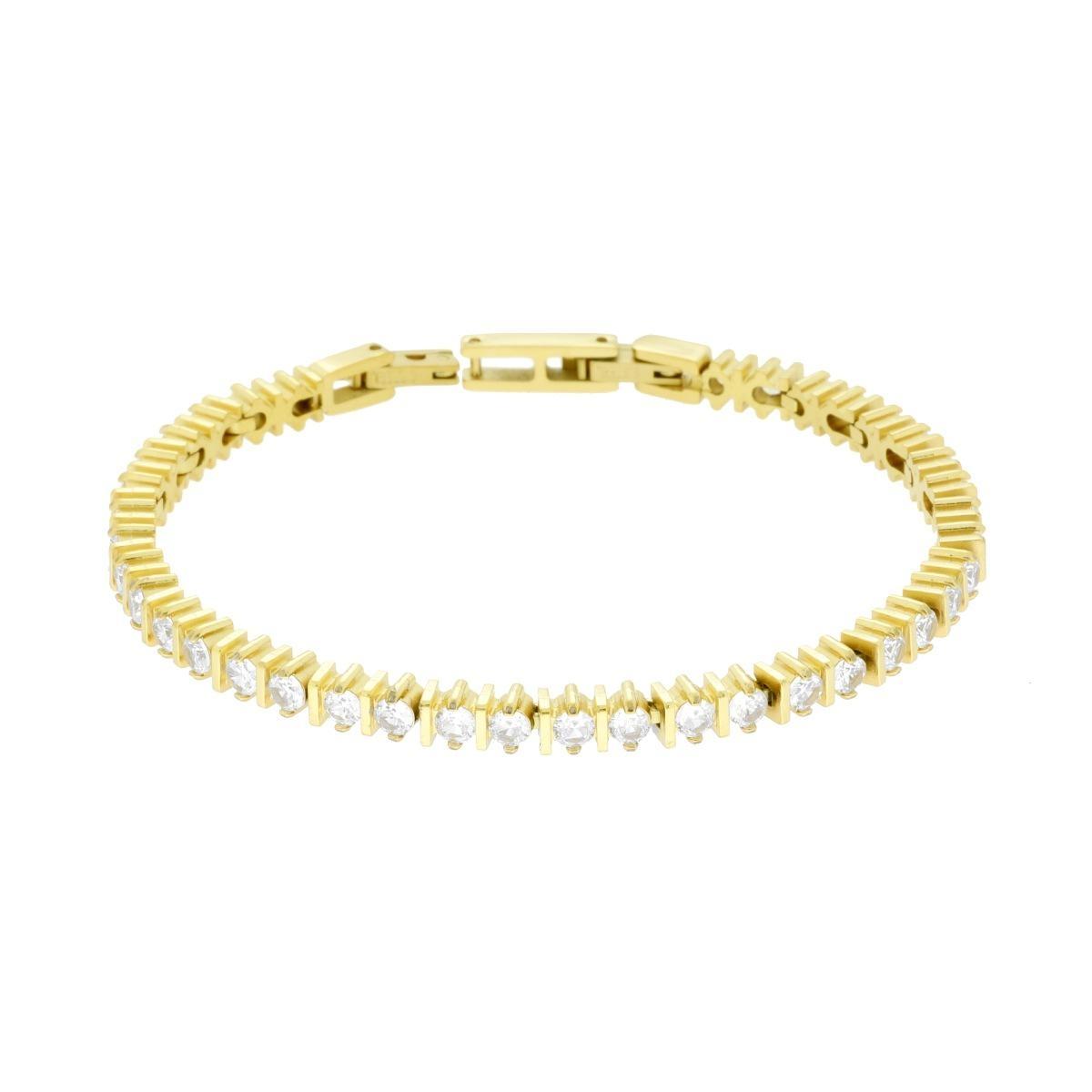 Bracciale Tennis Griffe con Barrette cm 17+1 con Crystal mm 3 Bianco in ACCIAIO colore Oro<BR>