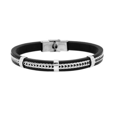 Bracciale Uomo in Ecopelle Nero con inserto Catena in ACCIAIO<BR>
