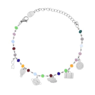 Bracciale Catena con Crystal Multicolor e Charms Viaggio plain pendenti in ACCIAIO <BR>