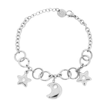 Bracciale Catena Forzatina Luna e Stelle pendenti e Crystal Bianchi in ACCIAIO <BR>