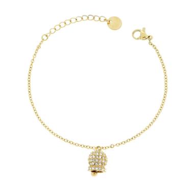Bracciale Catena Forzatina Diamantata con Campanella e Crystal Bianchi in ACCIAIO colore Oro