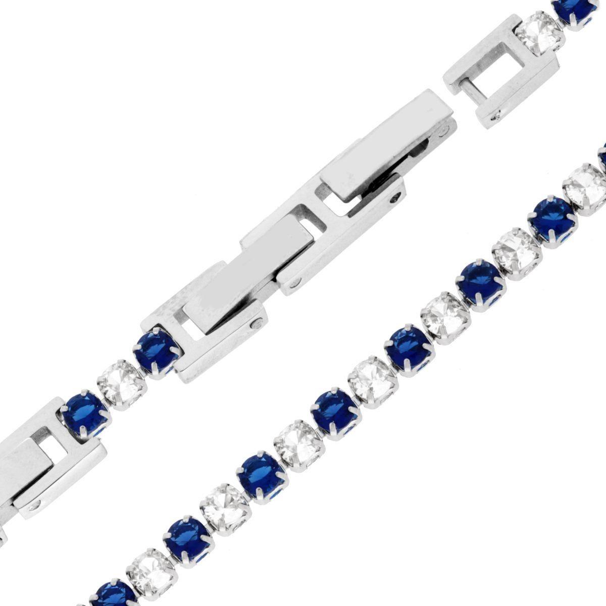 Bracciale Tennis Griffe cm 16.5+4 con Crystal mm 3 alternati Blu Zaffiro e Bianchi regolabile in ACCIAIO<BR>