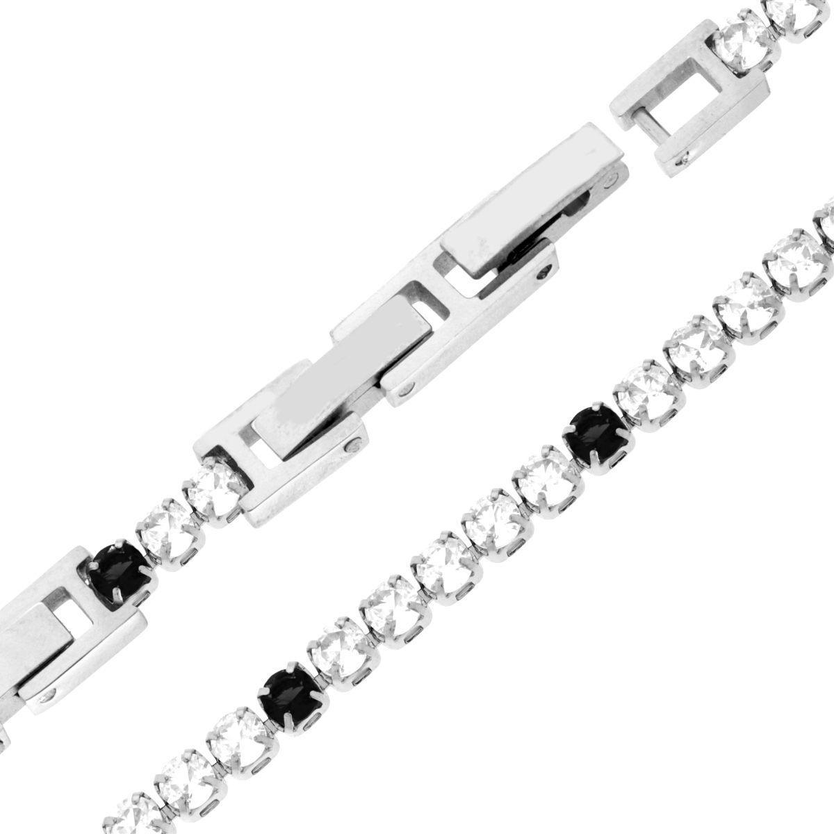 Bracciale Tennis Griffe cm 16.5+4 con Crystal mm 3 alternati Neri e Bianchi regolabile in ACCIAIO<BR>