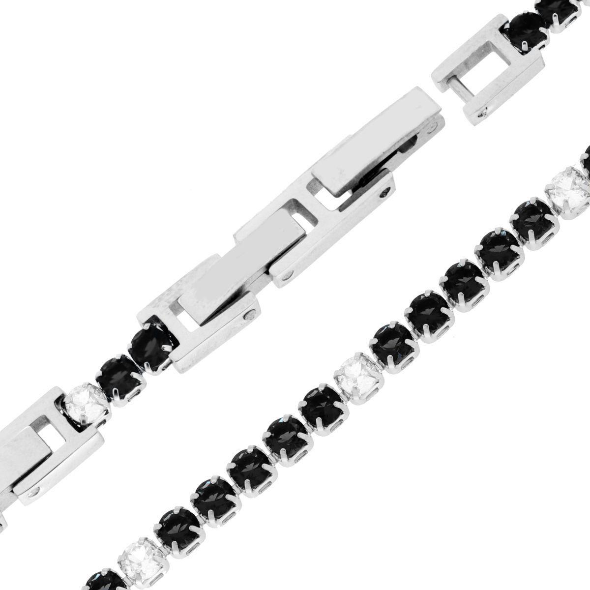 Bracciale Tennis Griffe cm 16.5+4 con Crystal mm 3 alternati Neri e Bianchi regolabile in ACCIAIO<BR>