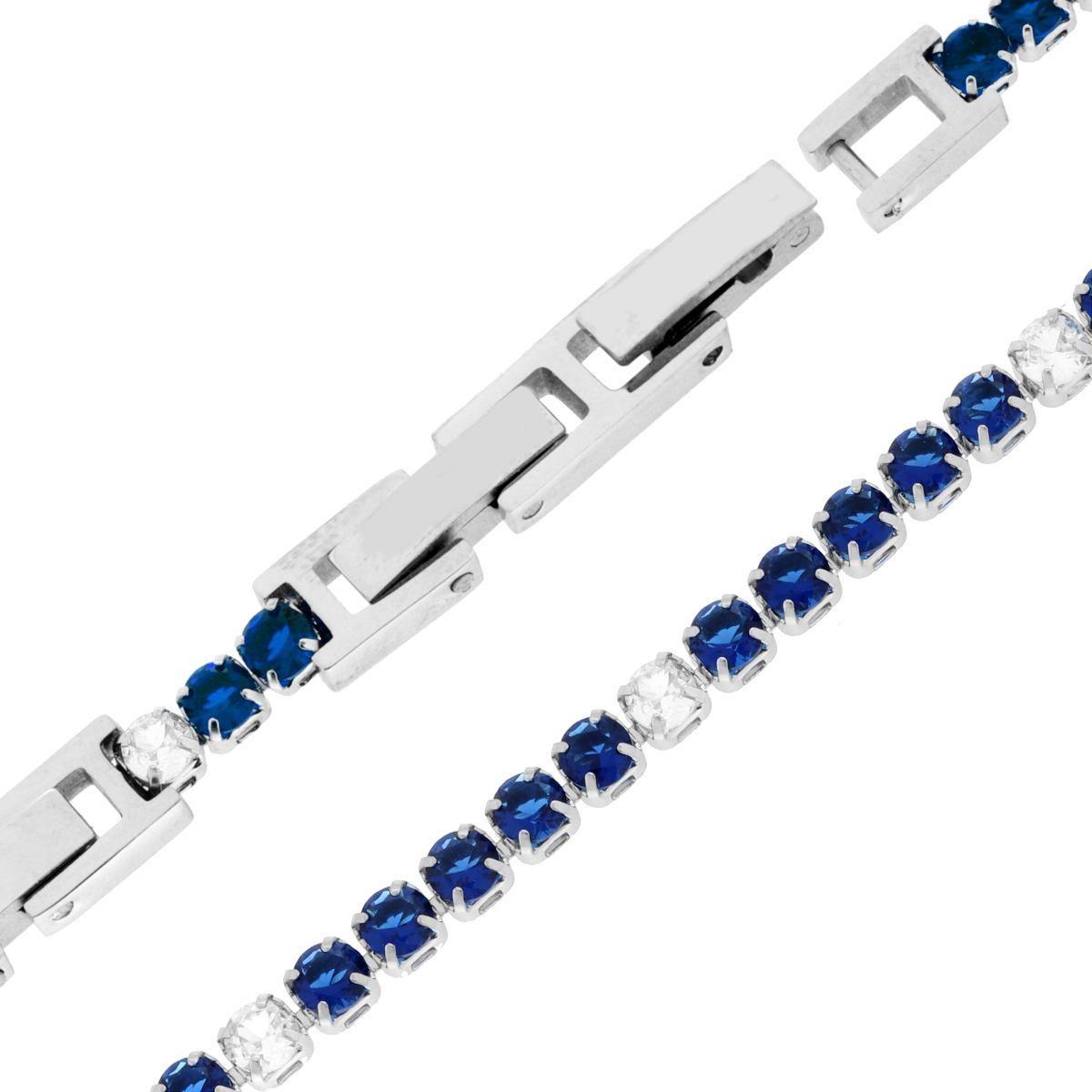 Bracciale Tennis Griffe cm 16.5+4 con Crystal mm 3 alternati Blu Zaffiro e Bianchi regolabile in ACCIAIO<BR>